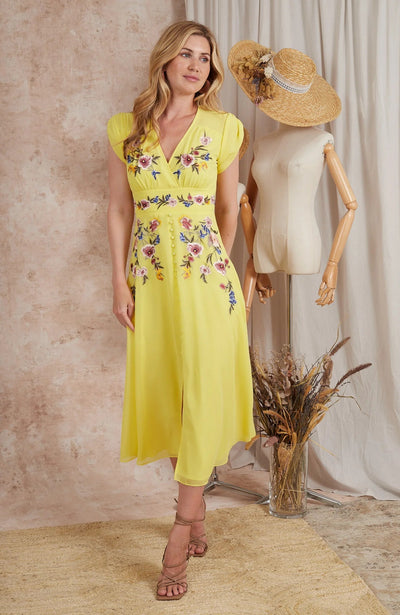 The Buttercup Embroidered Front Button Midi Dress