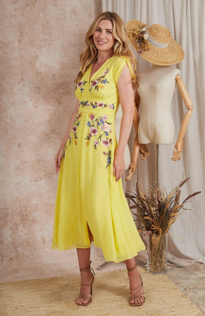 The Buttercup Embroidered Front Button Midi Dress