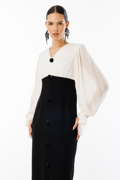 Noira Two-Tone Pleats Midi Dress