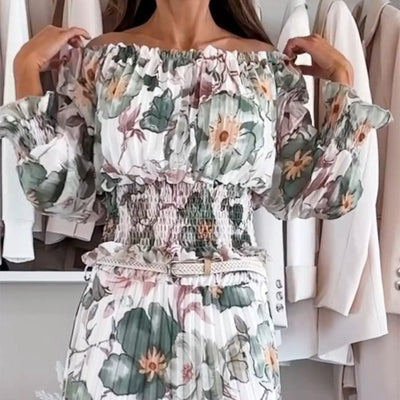 Floral Pattern Set: Off-shoulder Blouse & Maxi Skirt
